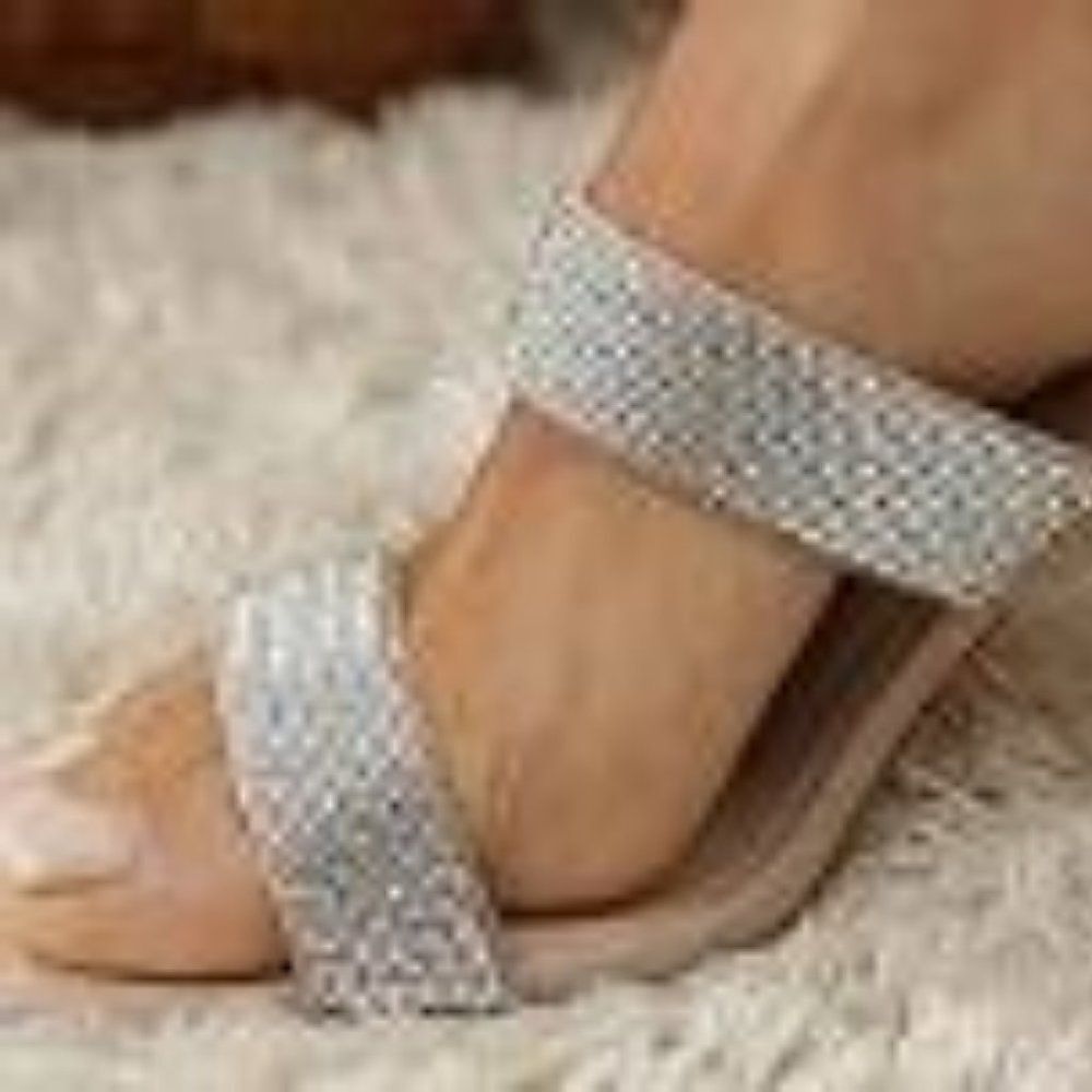 Square Open Toe Kitten Heel Mules Sandals Rhinestone 2 Strap Dress Slides sz  7